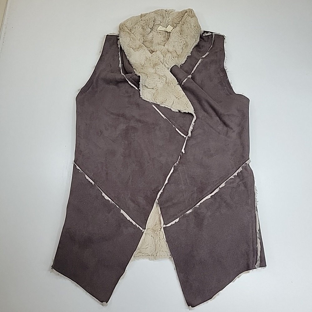 One The Land Faux Suede Sherpa Vest Brown Beige‎ Open Front Women's Size Medium
